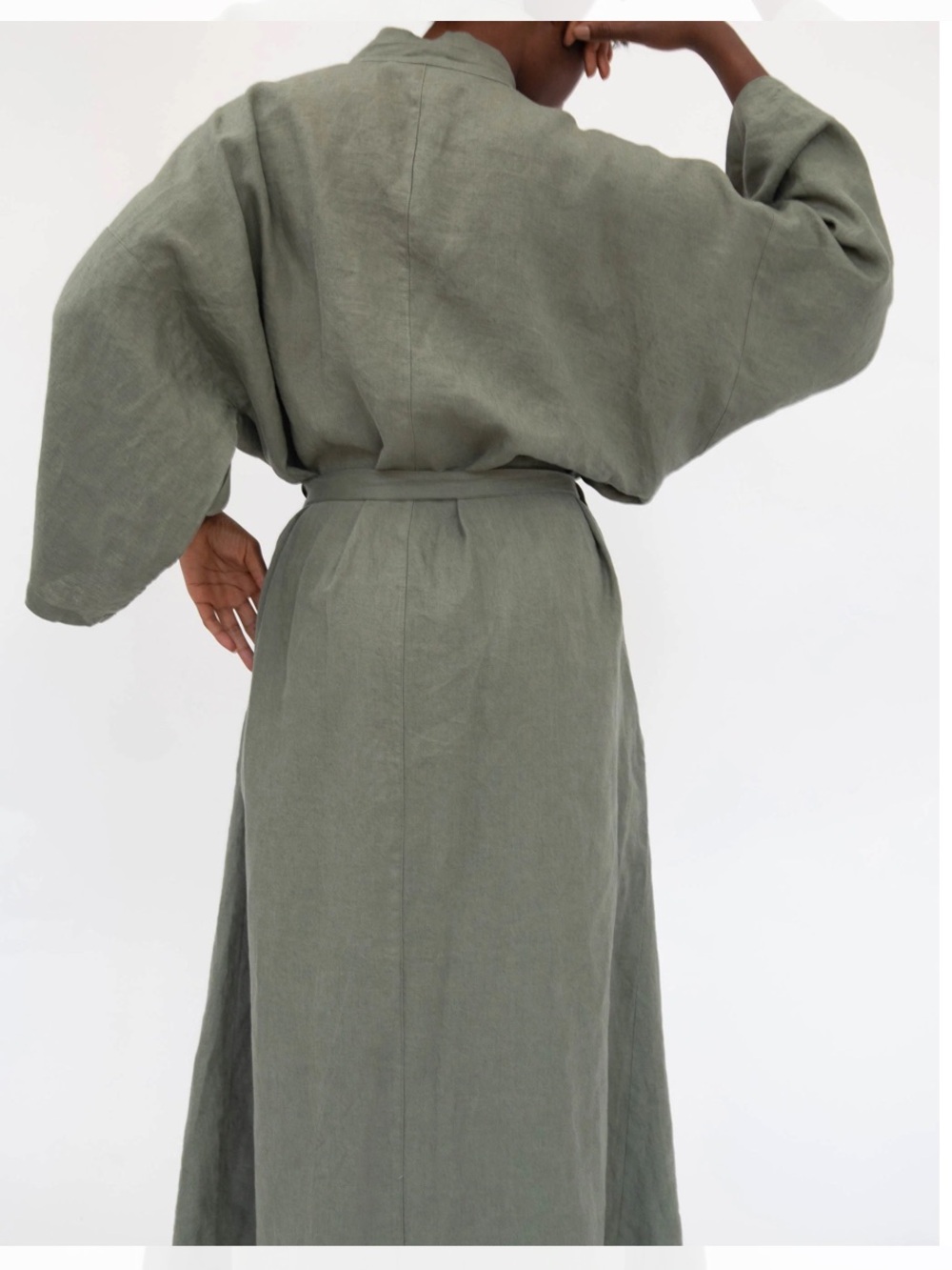 Sunday Morning Sai Full Length 100% French Linen Robe Olive OS - Picture 4 of 9